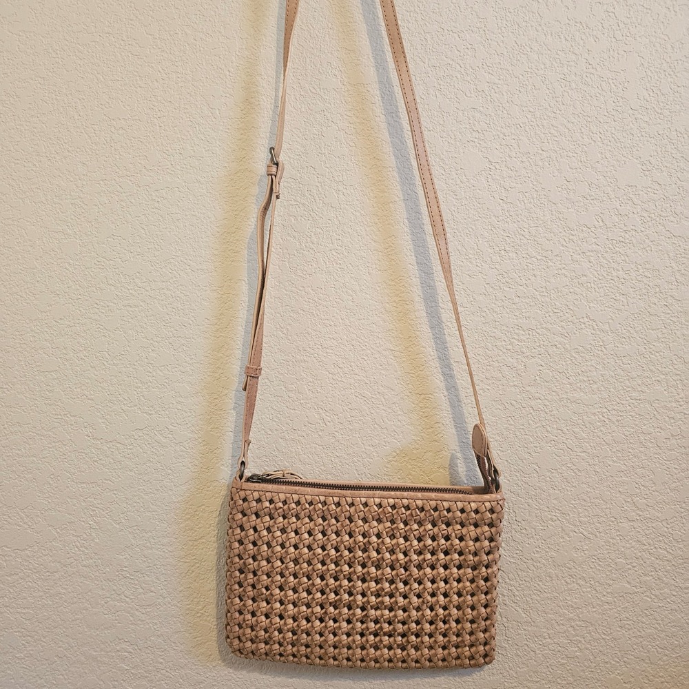 Tan Woven 100% Genuine Leather Crossbody Bag Adjustable Neutral Minimalist Boho
